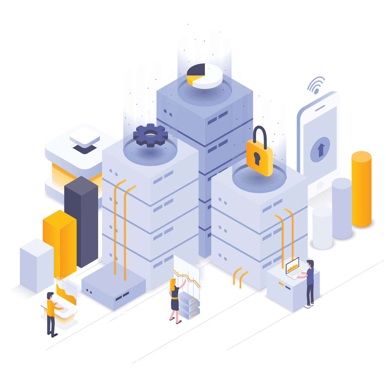 Illustration de serveurs interconnectés, d’une application mobile et d’un cadenas symbolisant la sécurité des données.